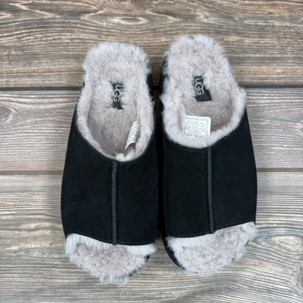 UGG Womens Size 6 Greenport Slide Slippers Black Suede Sheepskin NEW - Picture 2 of 7